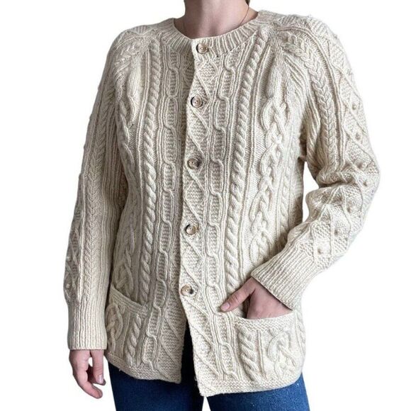 Sweaters - Vintage Hand Knit Womens White 100% Wool Fisherman Chunky Knit Cardigan Sz M